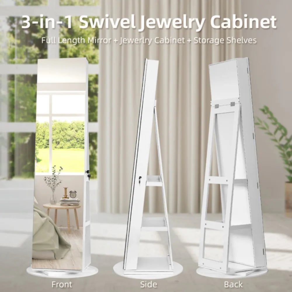 Jewelry Armoire With Full Length Mirror And Lockable Storage