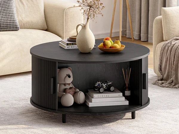 ONBRILL Modern Round Coffee Table With Storage And Sliding Door