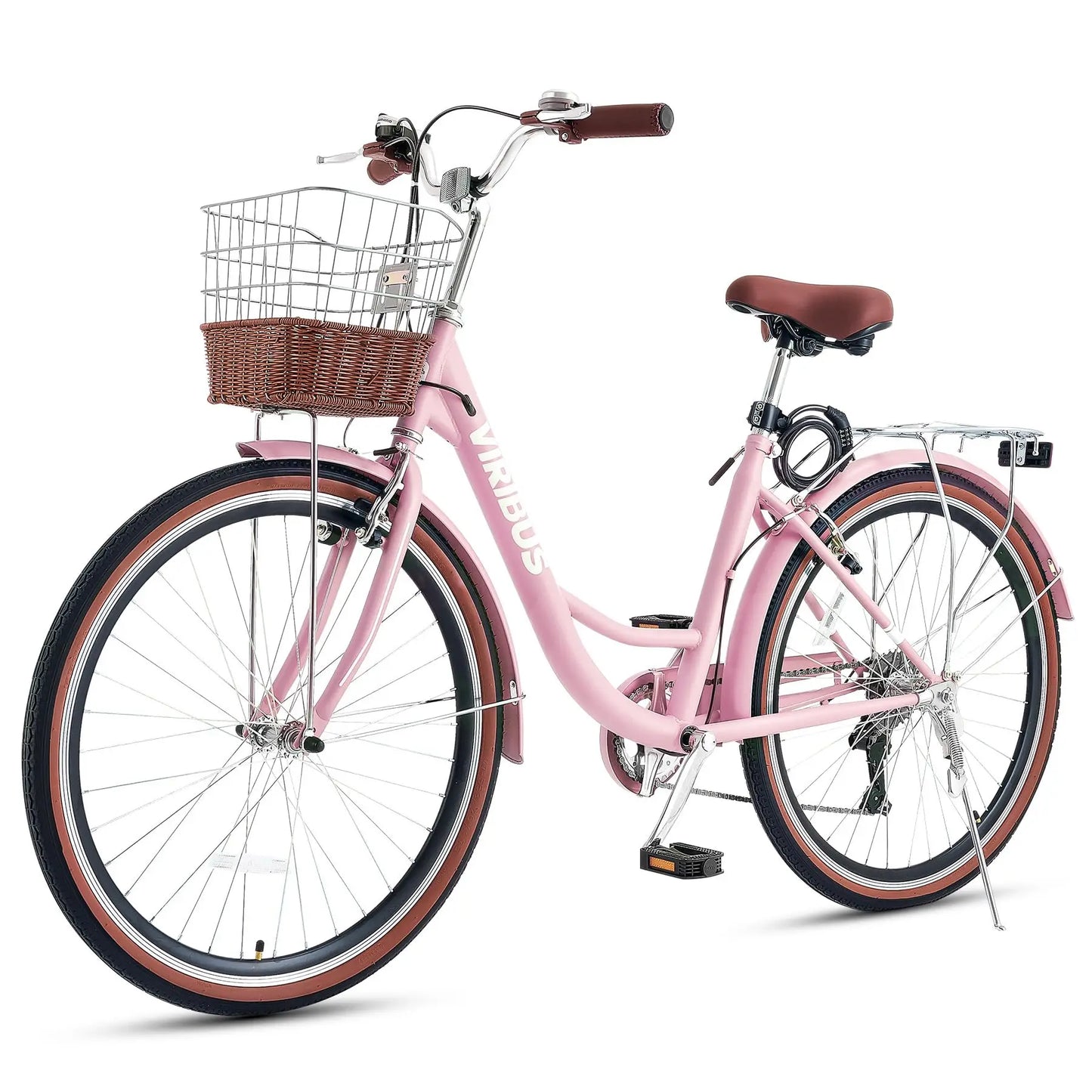 VIRIBUS Womens Cruiser Bike 7 Speed With Rattan Basket