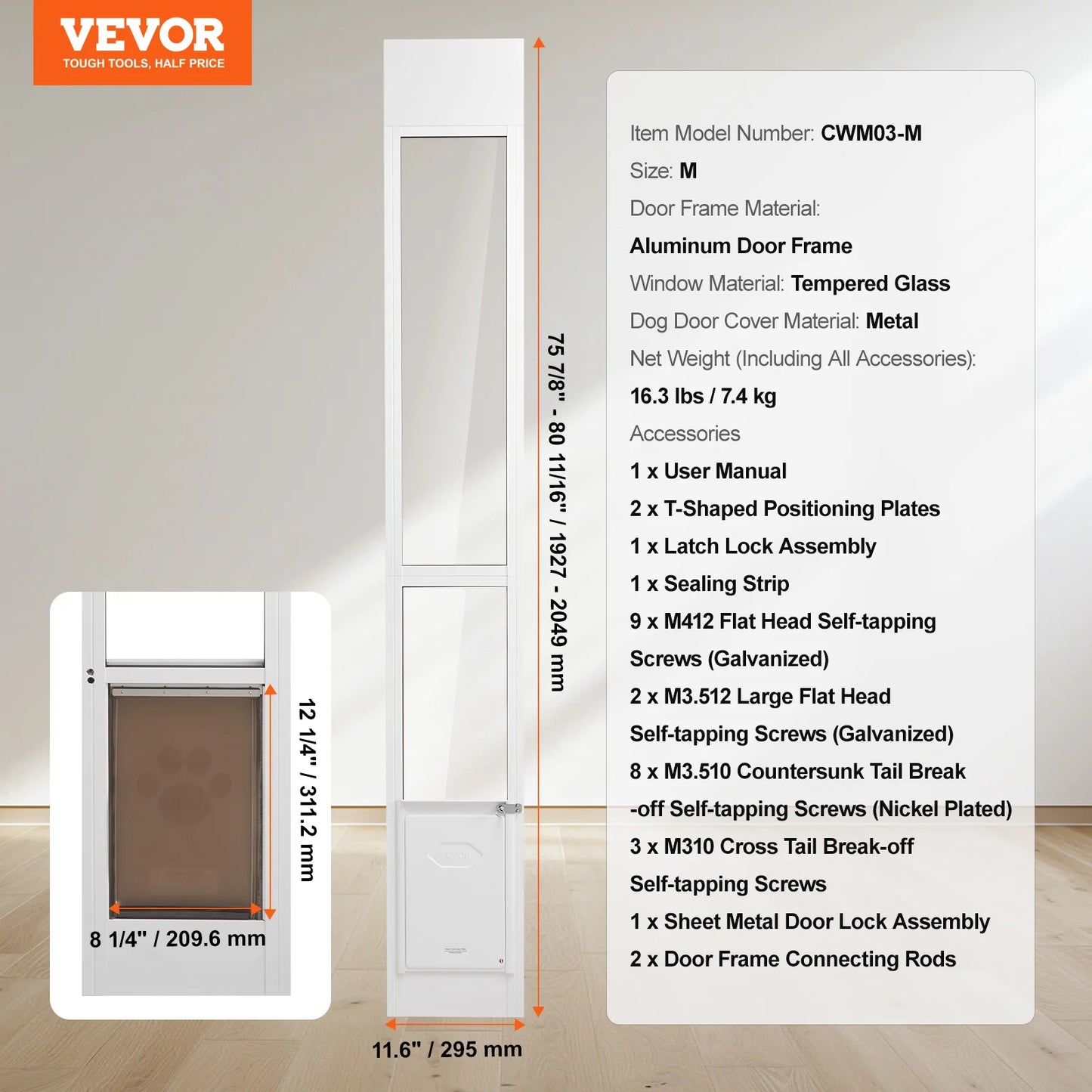 Dog Door for Sliding Glass Door Aluminum Frame Tempered Glass