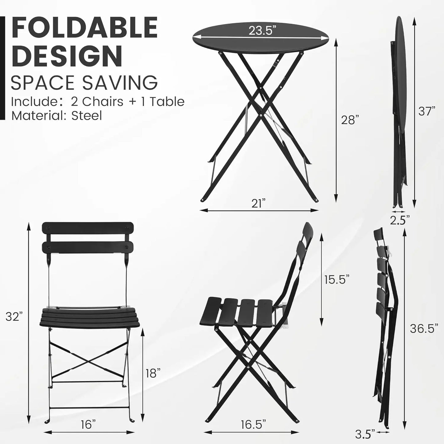 Foldable Patio Bistro Set With Space Saving Table And Chairs
