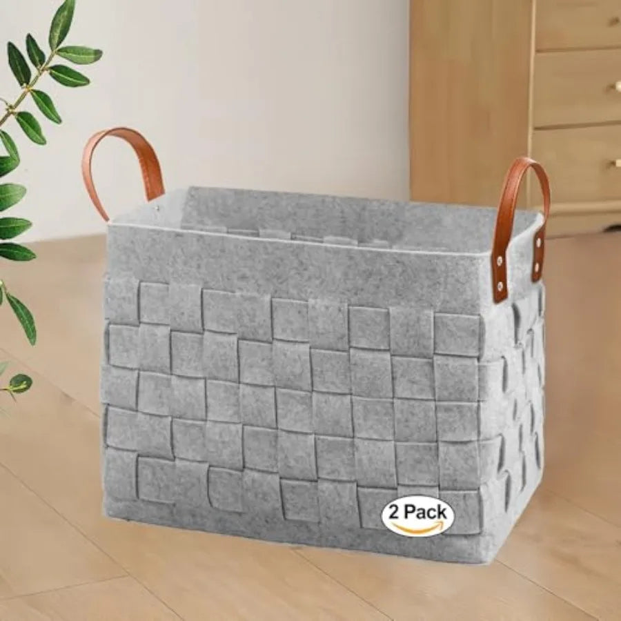 Felt Blanket Basket 2 Pack With Leather Handles