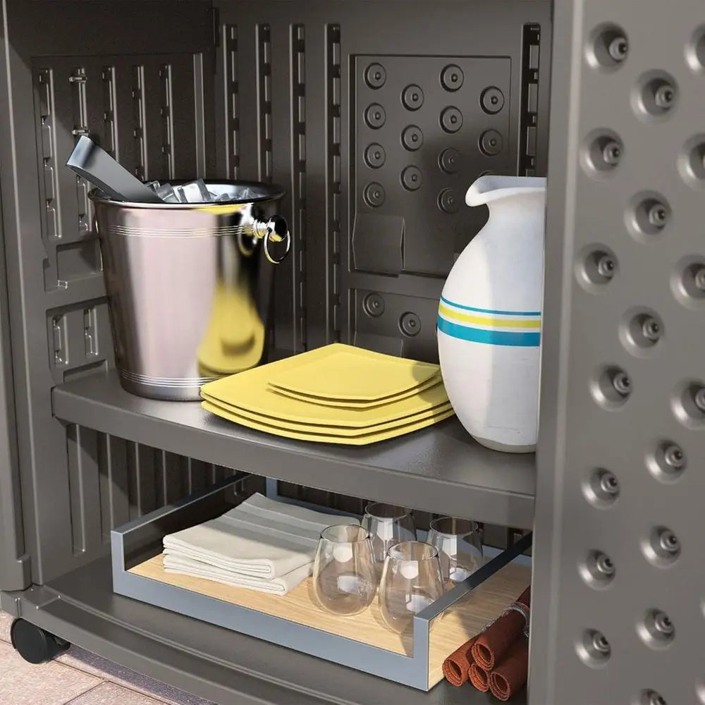 Patio Plastic Storage And Prep Station With Decorative Wicker Pattern