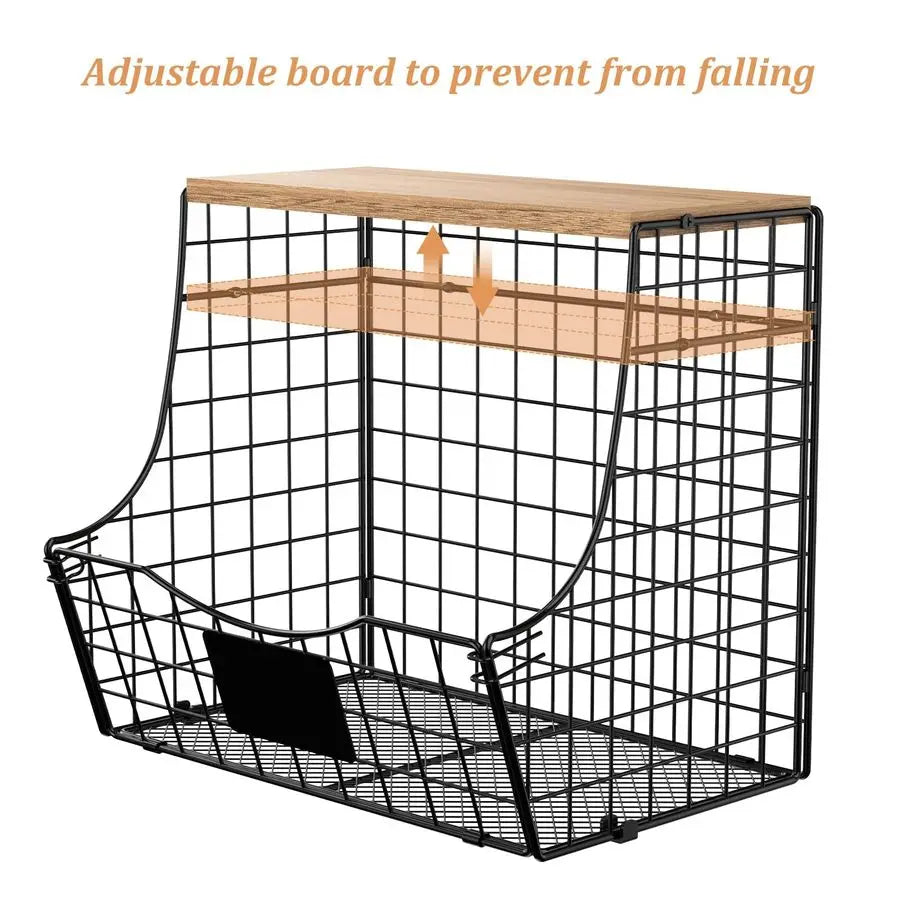 Fruit Basket With Wood Lid Wall Mounted Onion And Potato Storage Basket