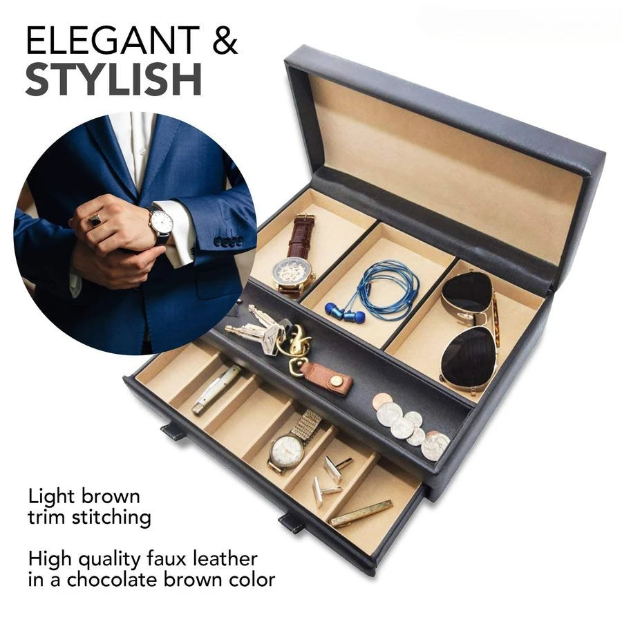 Mens Valet Tray And Jewelry Box Nightstand Organizer In Faux Leather