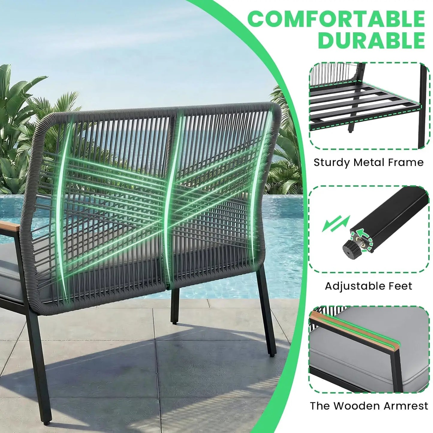 Outdoor 2 Seat Patio Bench Rattan Loveseat Curved Backrest Cushions