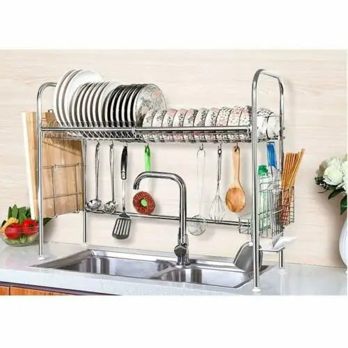 Two Tier Stainless Steel Dish Drying Rack With Utensil Holder
