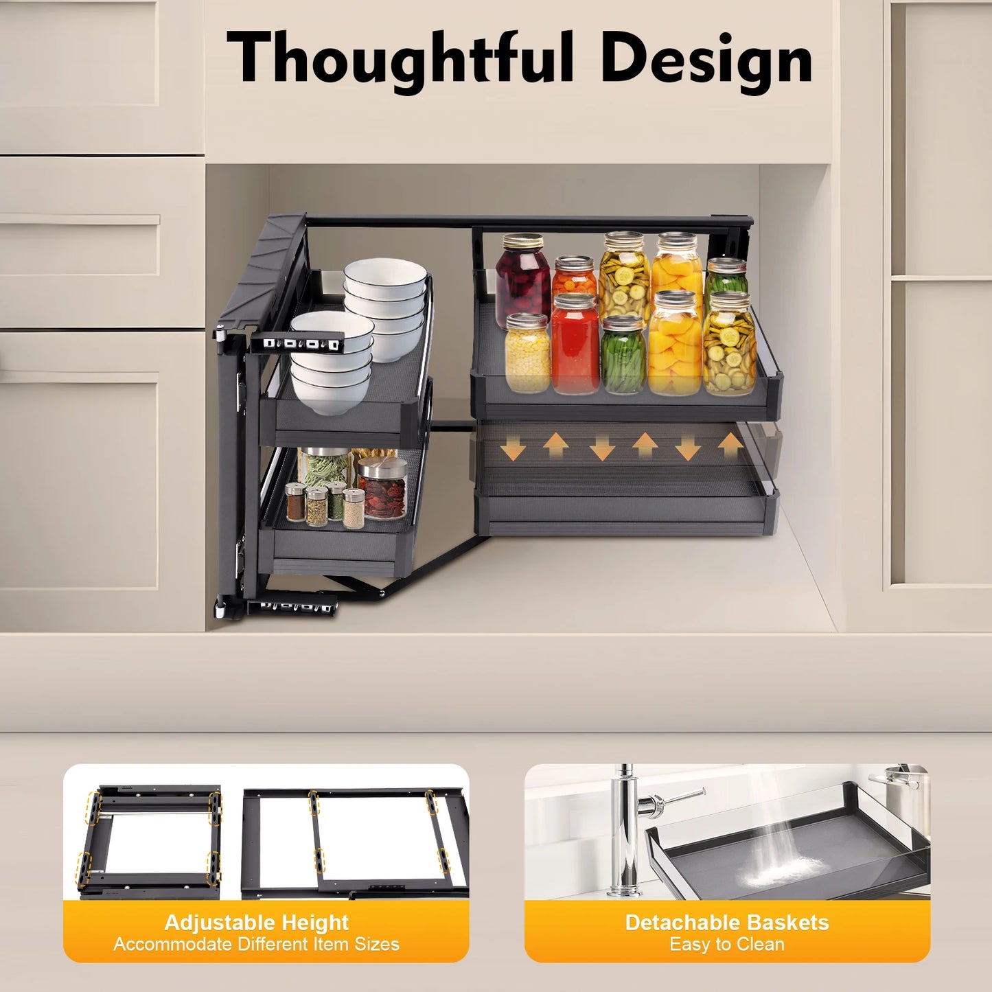 Two Tier Blind Corner Cabinet Pull Out Organizer With Detachable Shelves