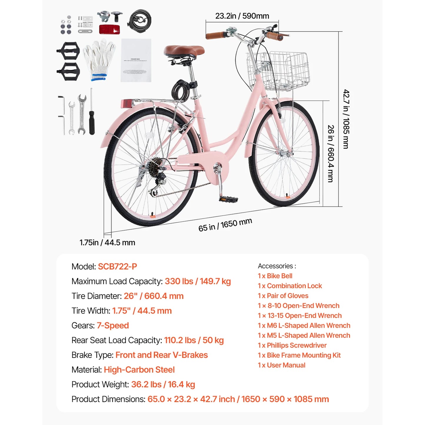 SucceBuy Cruiser Bike Beach Cruiser With Basket Rack