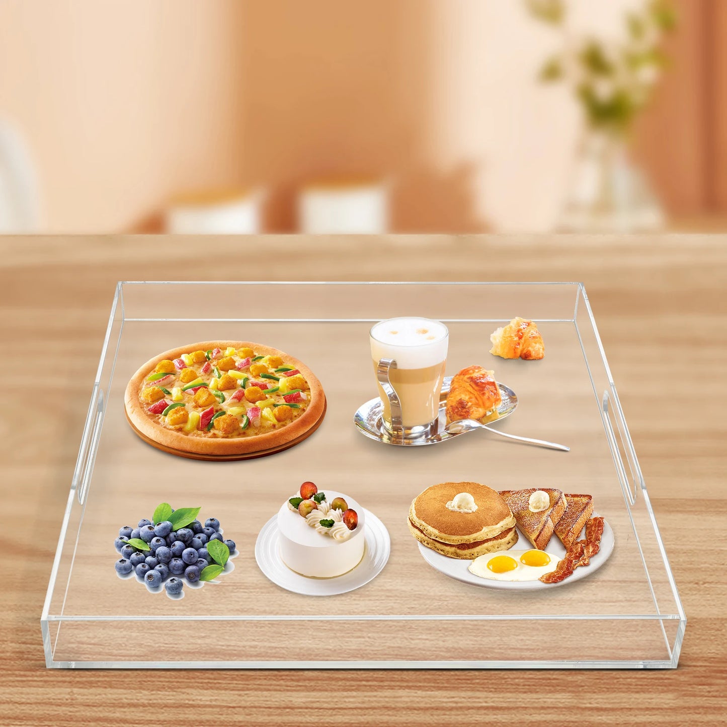 Transparent Acrylic Square Serving Tray With Handles For Dining Table