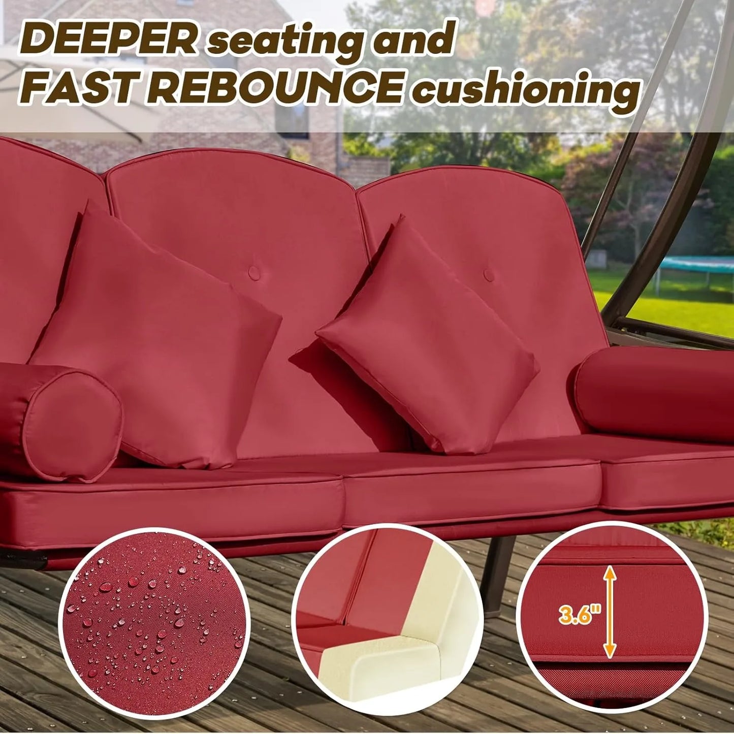 Three Seat Outdoor Patio Swing With Adjustable Canopy Cushions Cup Holders