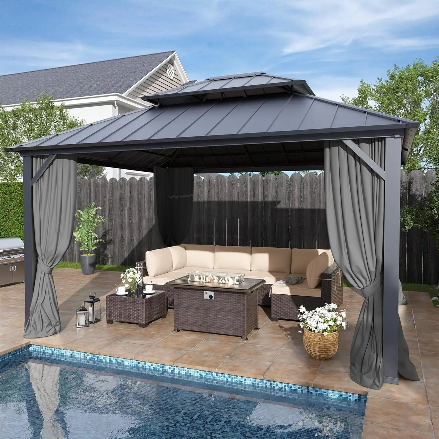 Hardtop Gazebo Steel Frame With Curtains And Netting For Patio