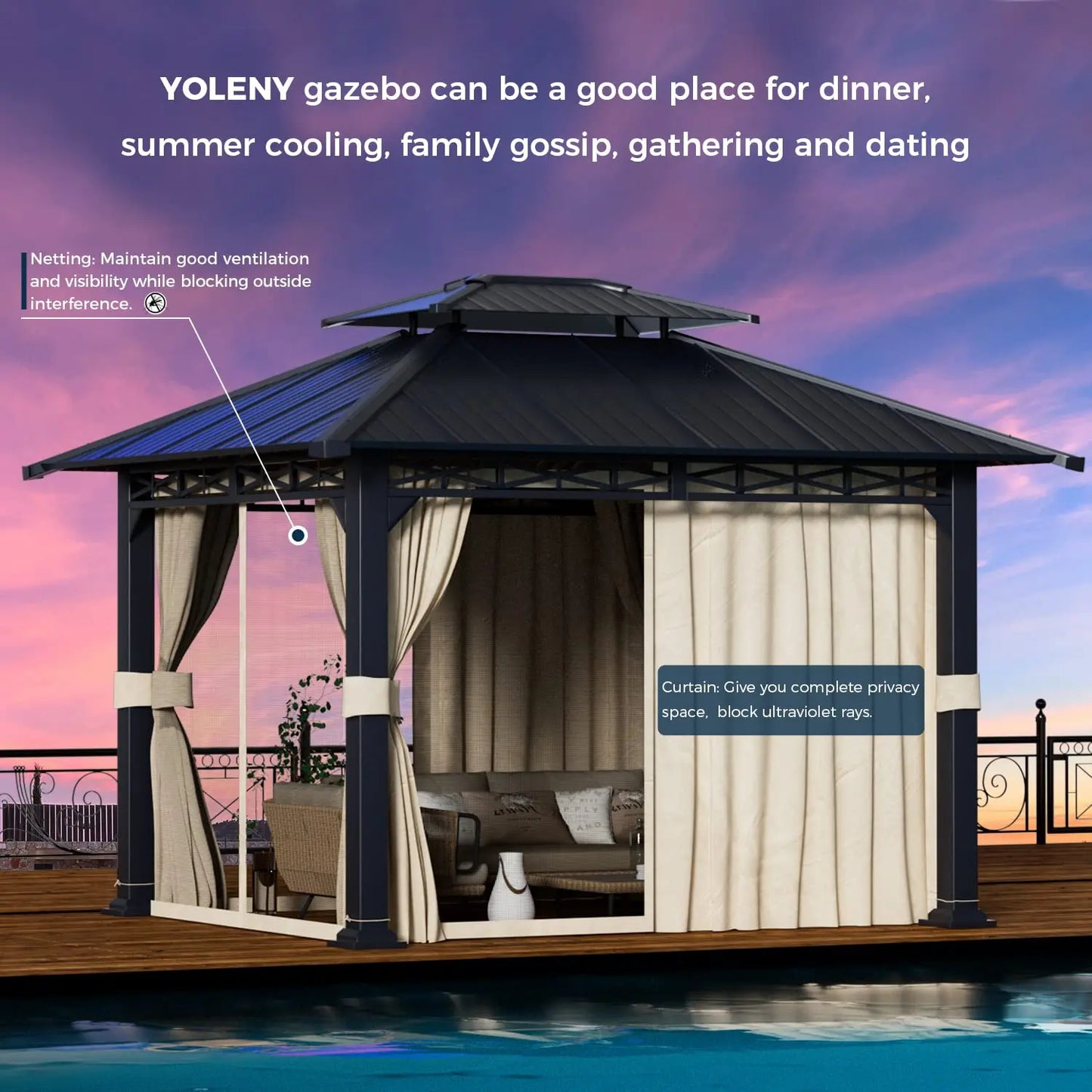 Galvanized Steel Double Roof Gazebo Curtains Netting Sunshade Garden Patio
