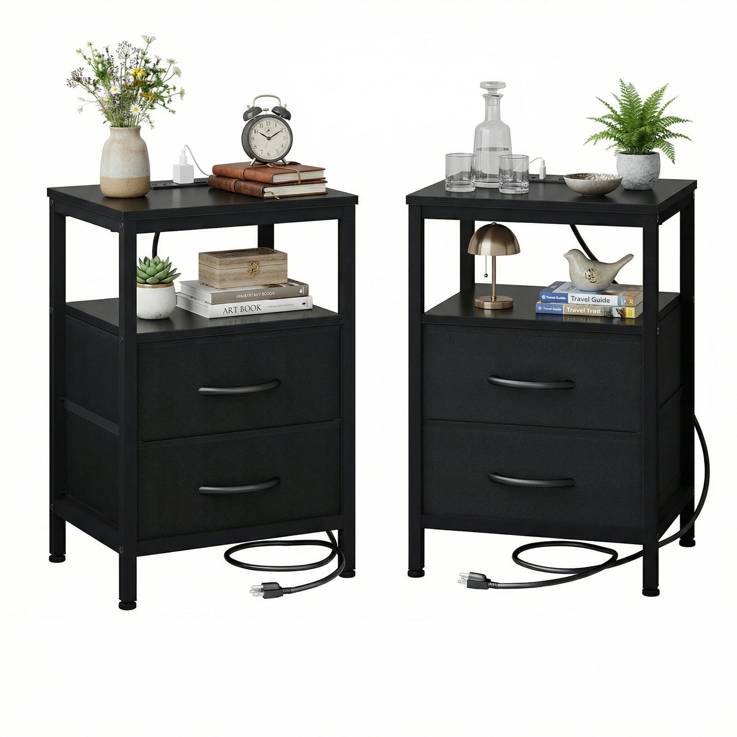 JHK Fabric Drawers Nightstands Pair With USB Ports Charging Station