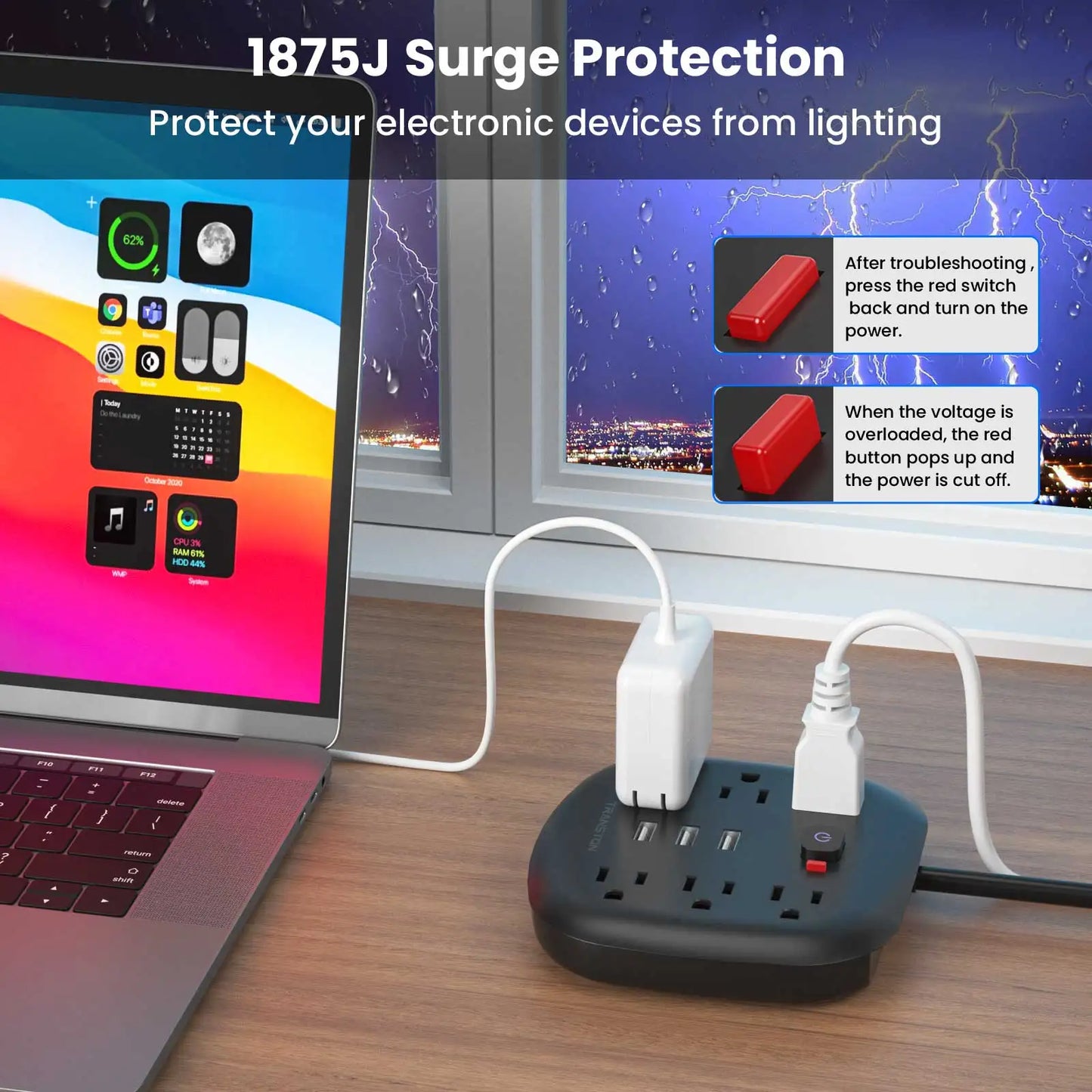 TRANSTON Surge Protector Outlet With Three USB Ports And Cord