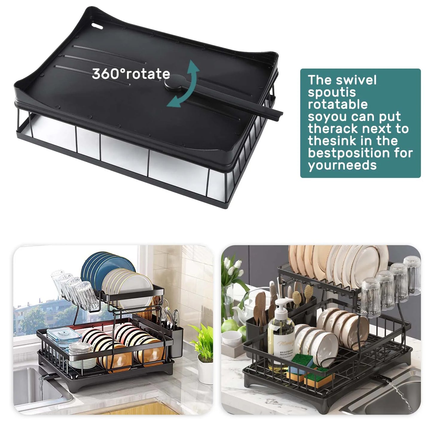 Two Tier Removable Dish Drying Rack For Kitchen Countertop