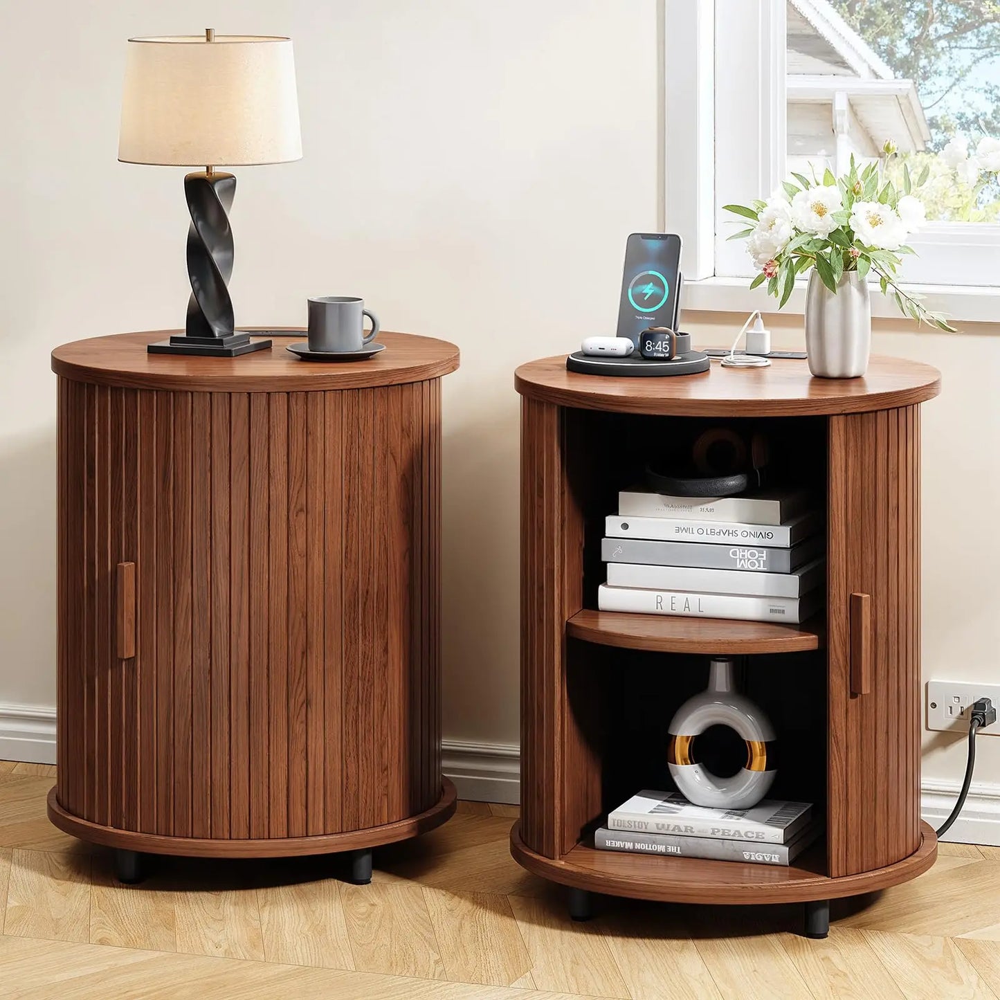 ONBRILL Fluted End Table Set Of 2 Mid Century Nightstands