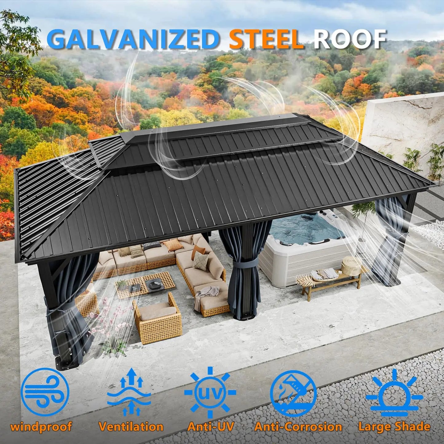 Tooluck Hardtop Gazebo With Galvanized Steel Roof And Curtain
