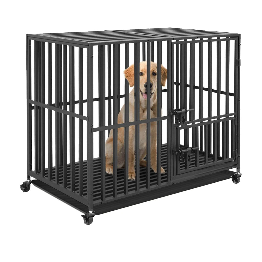 BINGOPAW Heavy Duty Metal Dog Cage With Three Doors Locks Playpen Removable Tray