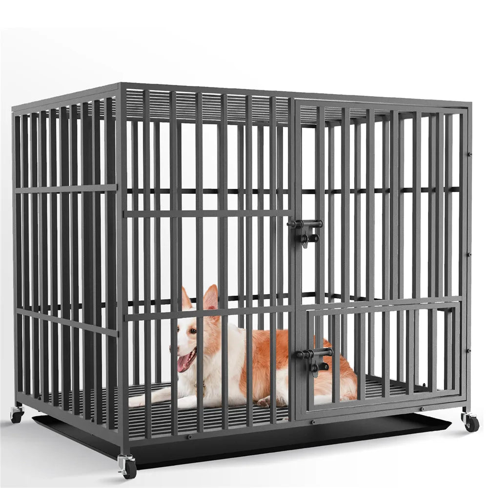 BINGOPAW Heavy Duty Metal Dog Cage With Three Doors Locks Playpen Removable Tray