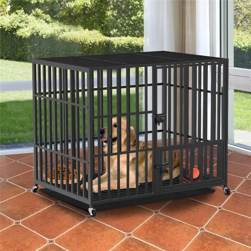 BINGOPAW Heavy Duty Metal Dog Cage With Three Doors Locks Playpen Removable Tray