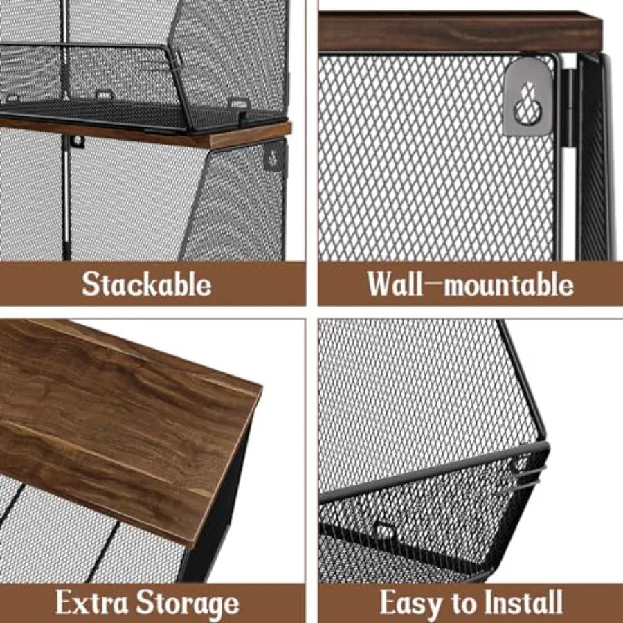 Stackable Fruit Basket With Wood Lid For Kitchen Countertop Storage