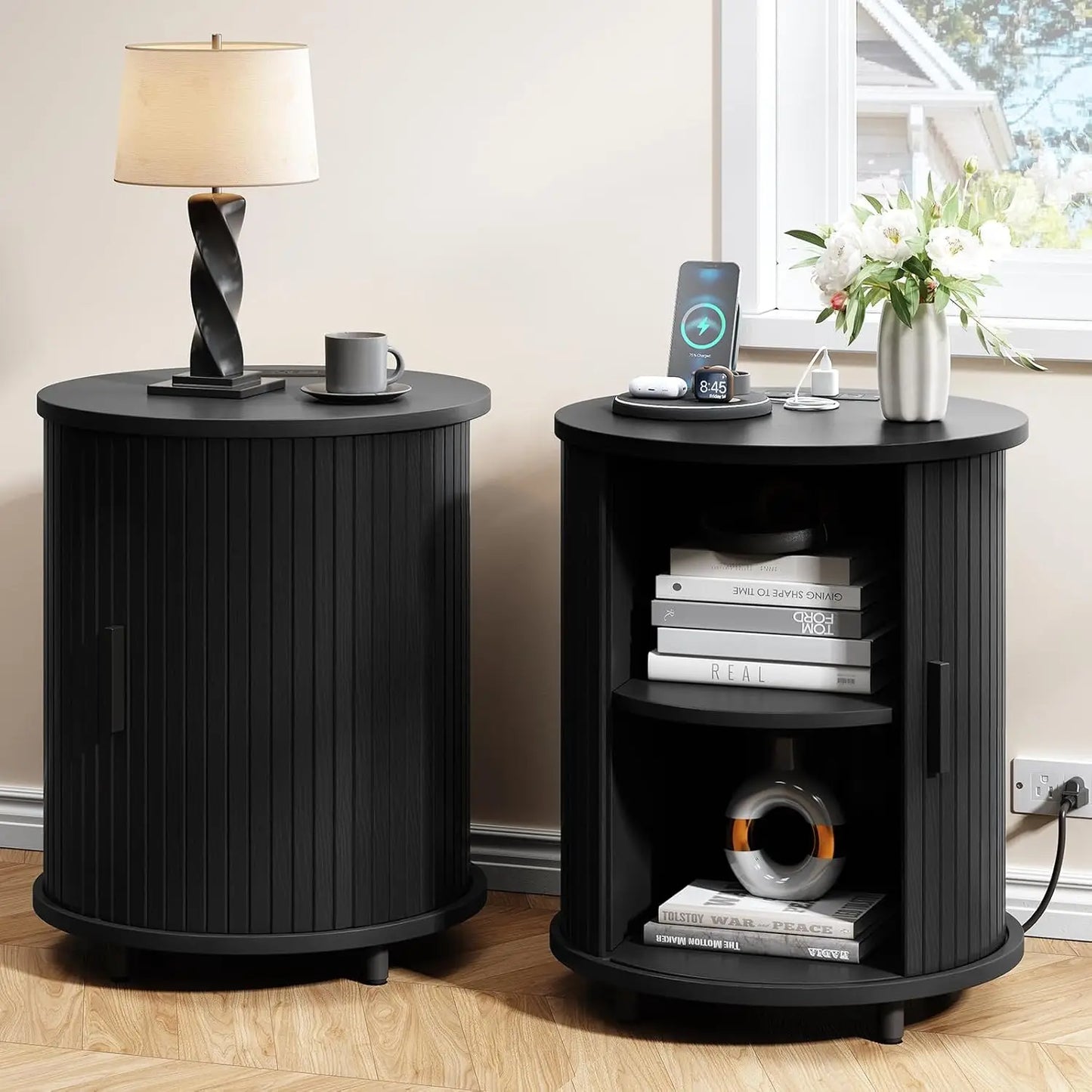 ONBRILL Fluted End Table Set Of 2 Mid Century Nightstands