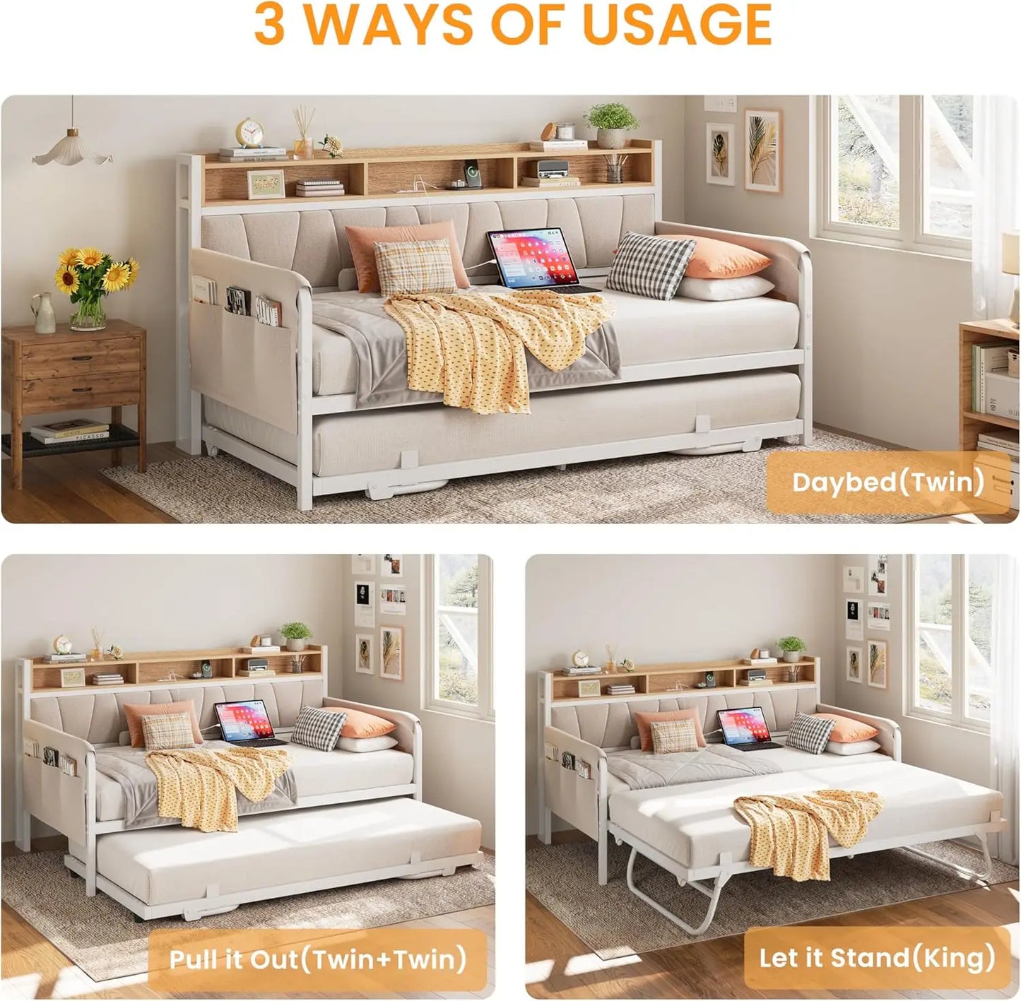 LIKIMIO Daybed With Trundle Upholstered Storage Headboard And Charging Station