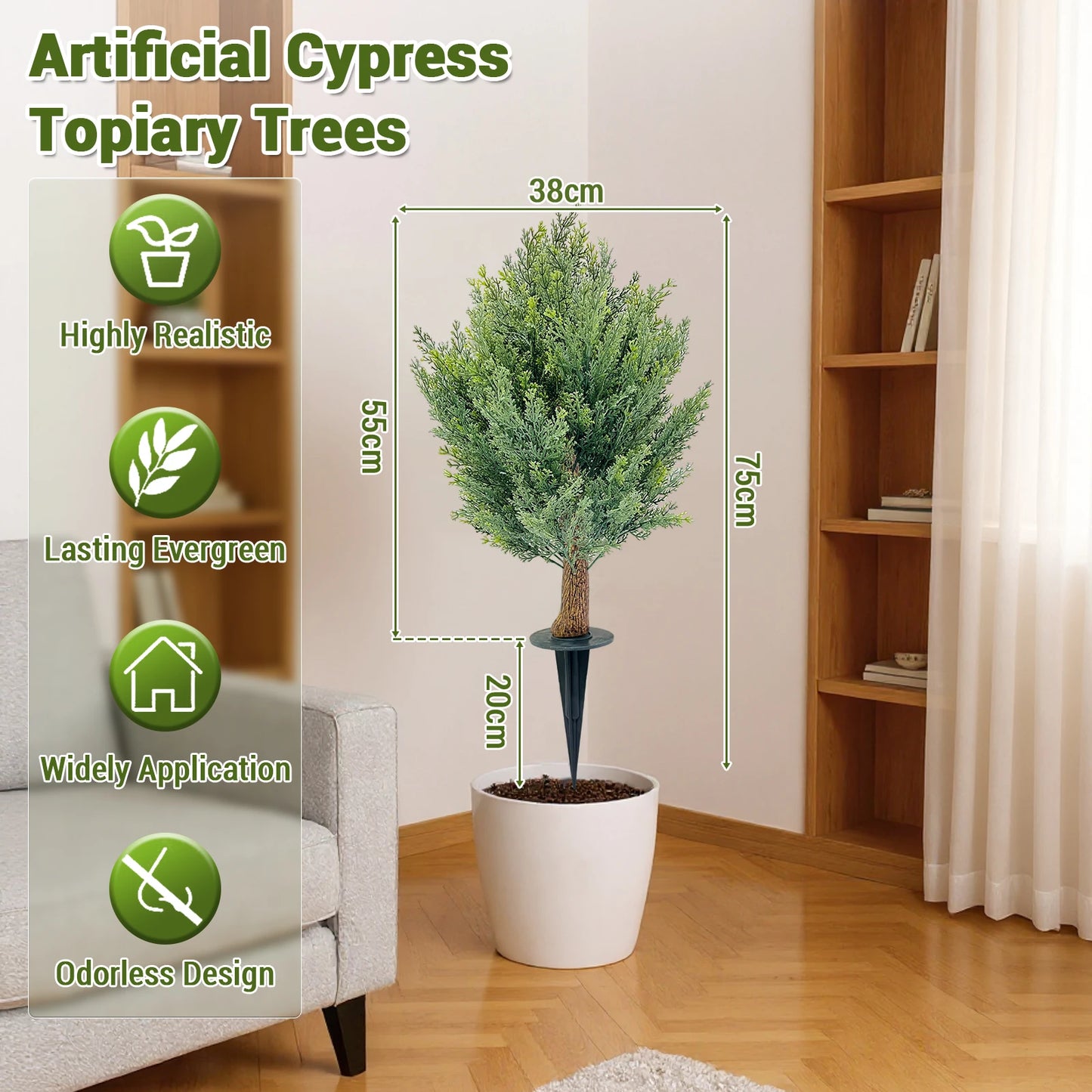 HiMISS Artificial Cedar Plants Faux Trees 2 Pack Outdoor Ground Spikes