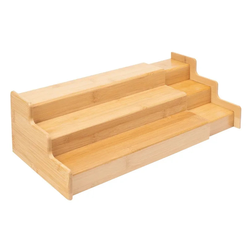 Expandable Bamboo Spice Rack Organizer Three Tier Step Shelf For Kitchen