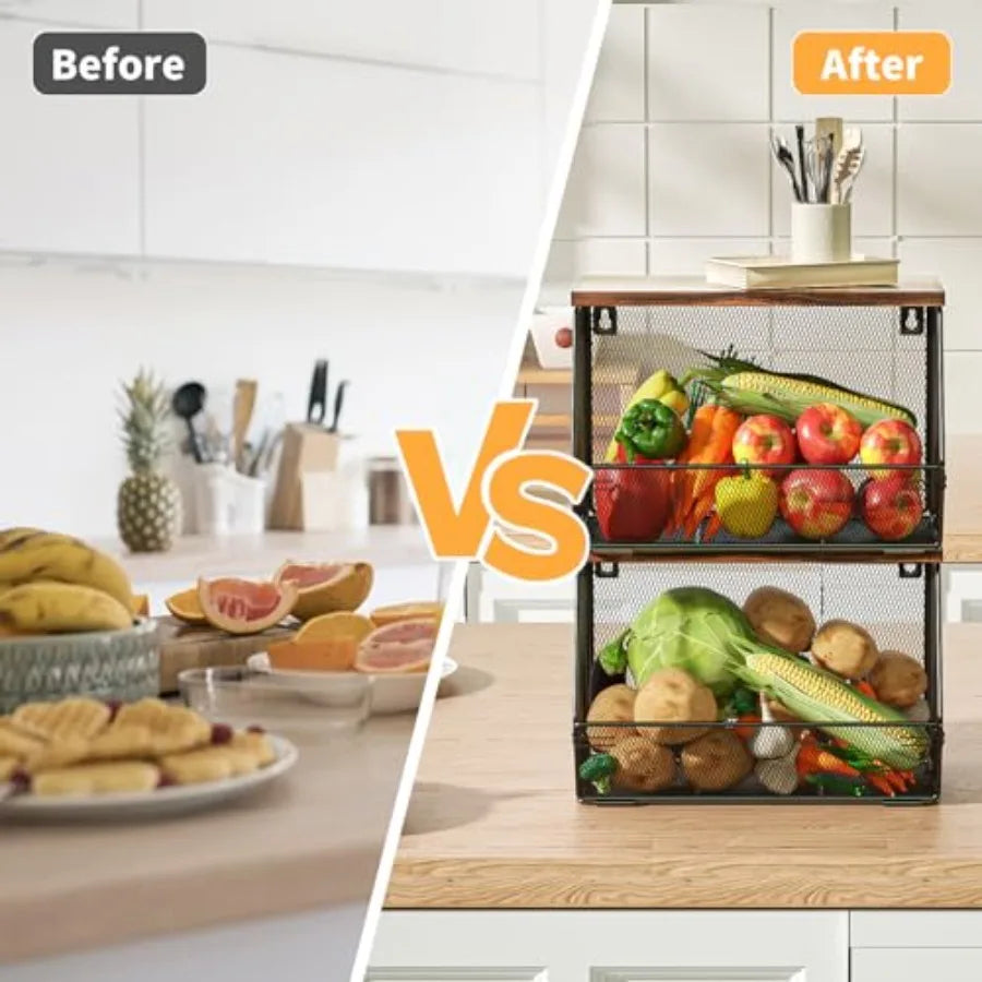 Stackable Fruit Basket With Wood Lid For Kitchen Countertop Storage