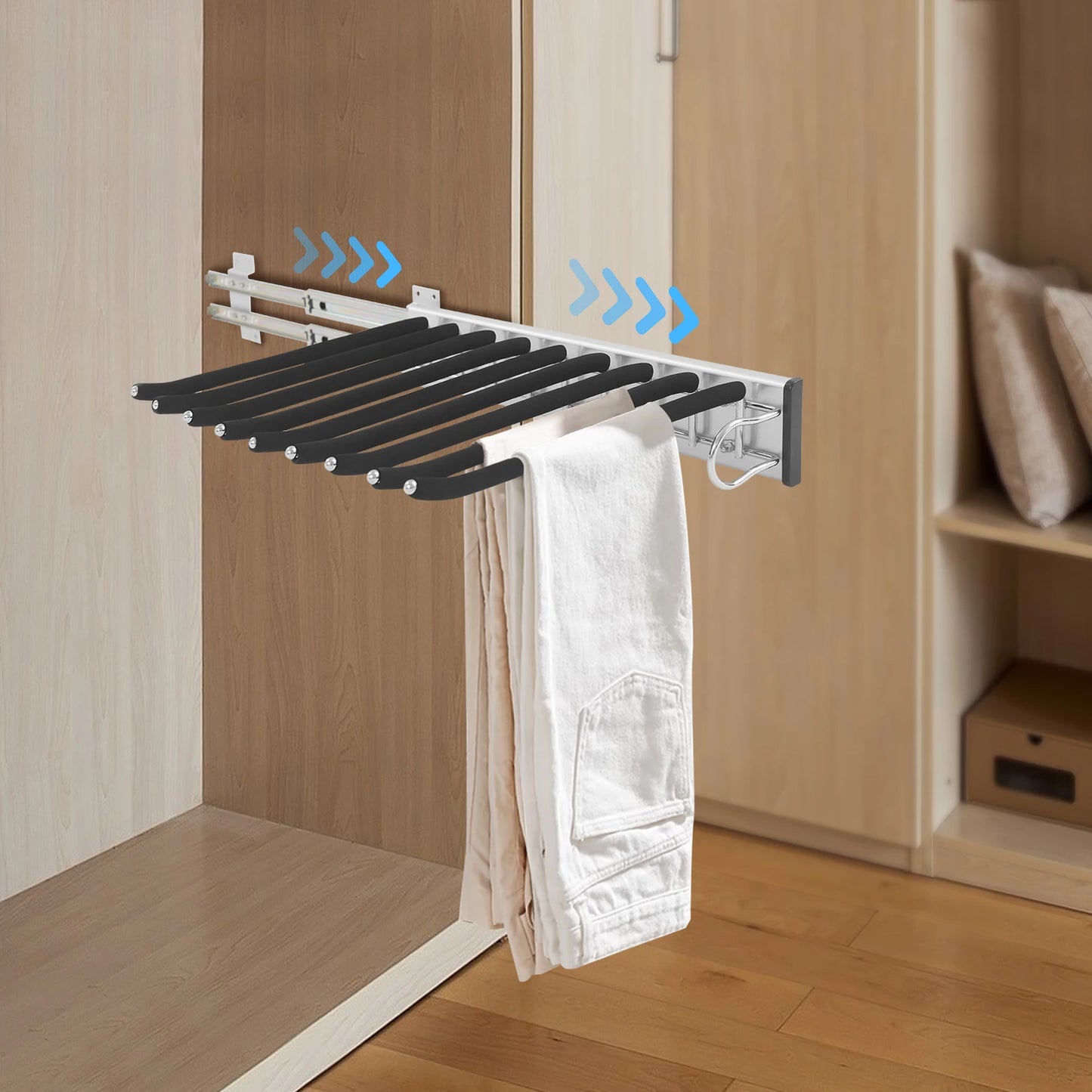 Bymaocar Pull Out Trousers Rack 9 Rods Retractable Wardrobe Wall Mount