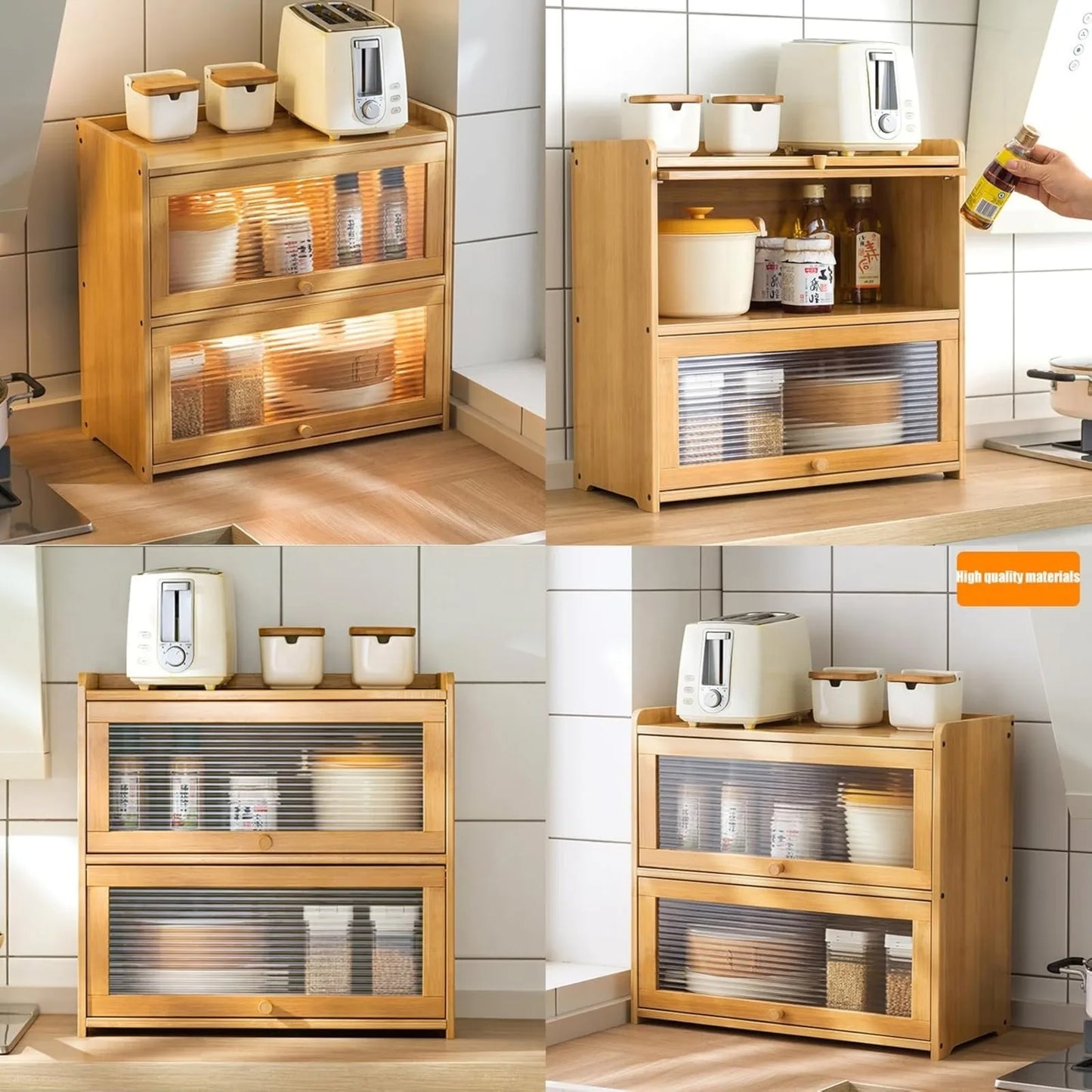 Two Tier Bamboo Kitchen Storage Cabinet With Clear Sliding Doors