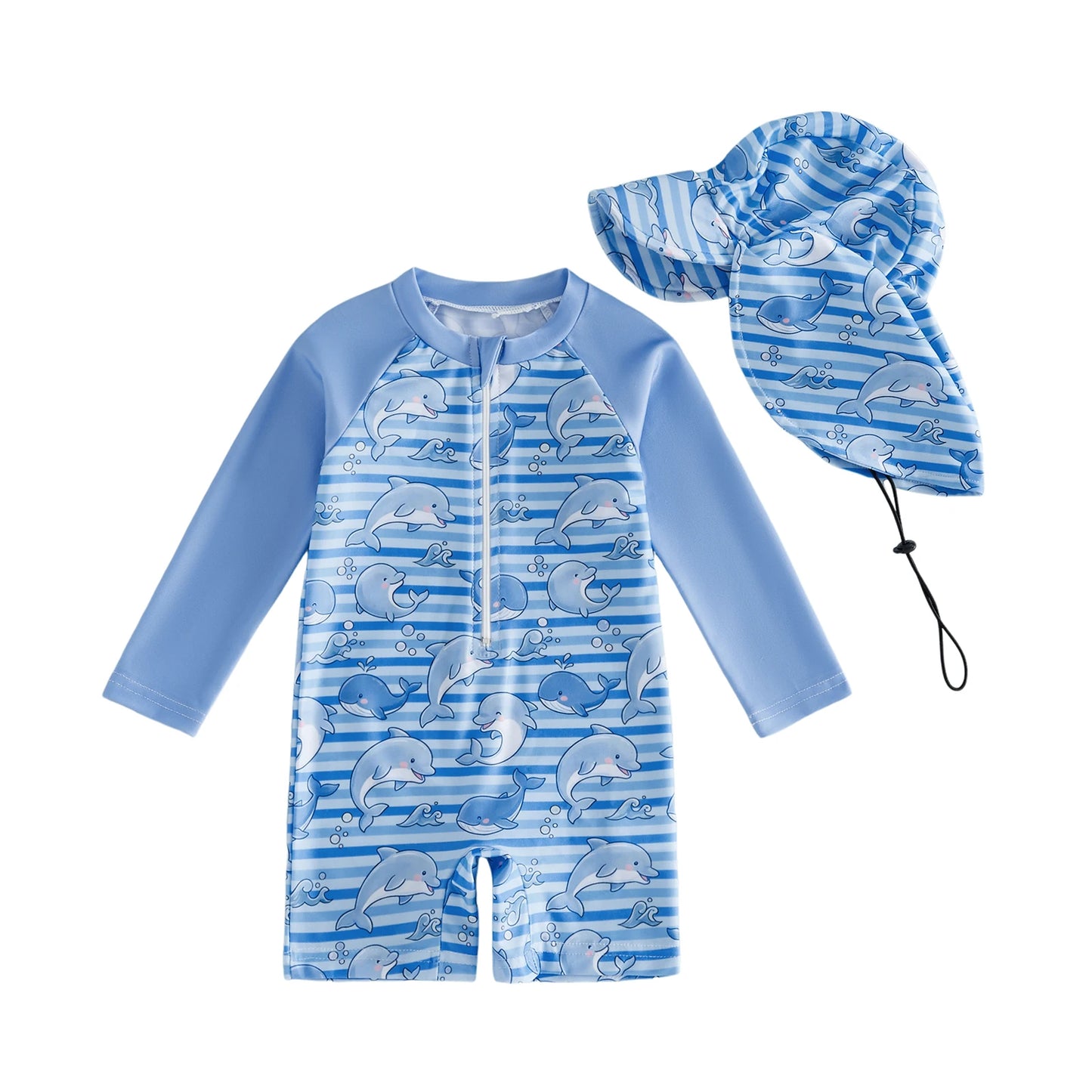 Children Rash Guard Shark Print Swimsuit Set Sun Hat UV