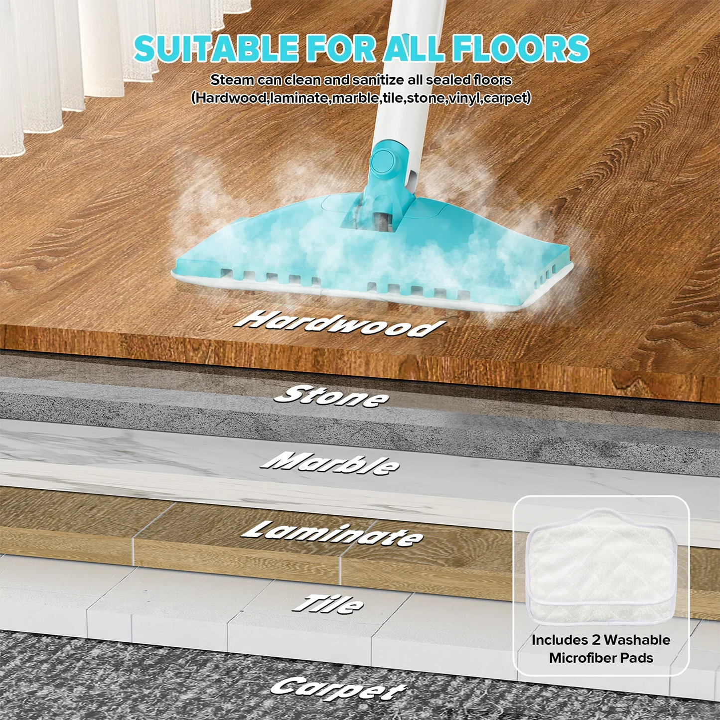 INSE 1200W Steam Mop Powerful Scrubbing Cleaner For Hard Floors