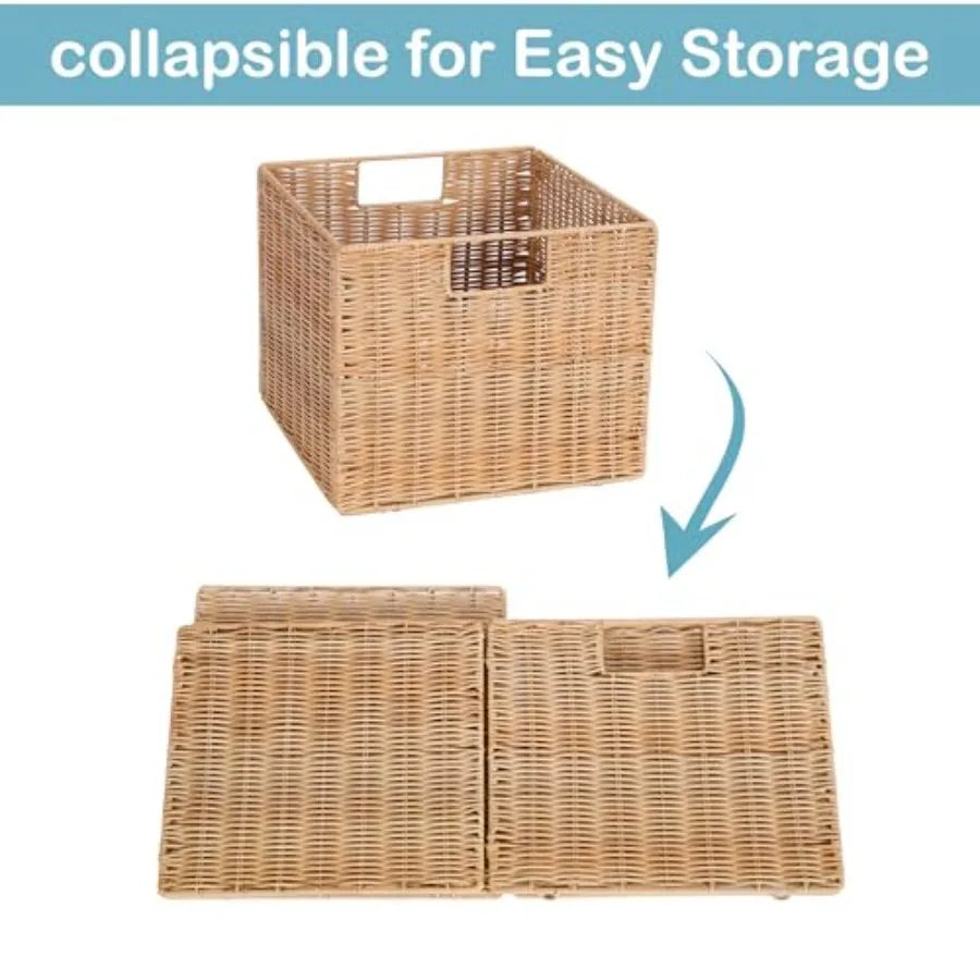 Plastic Wicker Storage Basket Collapsible Cube for Shelves