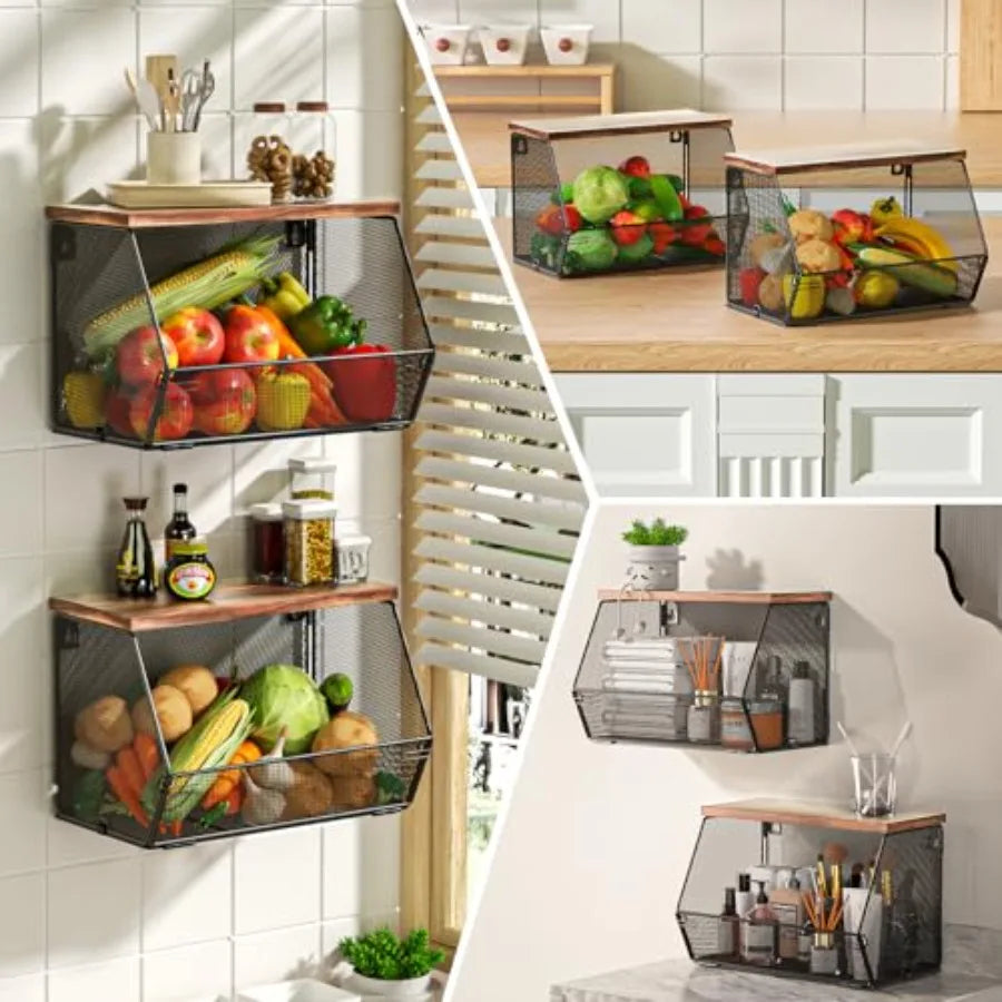 Stackable Fruit Basket With Wood Lid For Kitchen Countertop Storage
