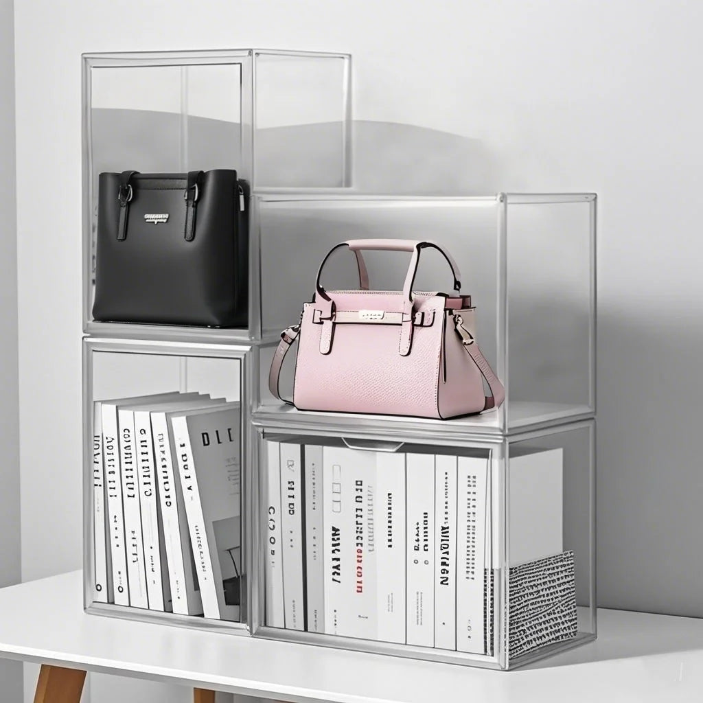 Clear Display Box Organizer 4 Pack Stackable With Magnetic Door Large Capacity
