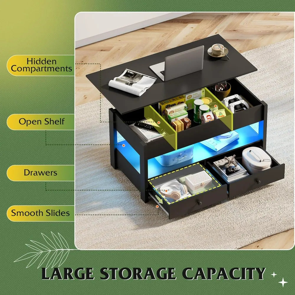 WLIVE Lift Top Coffee Table With 2 Drawers LED Light