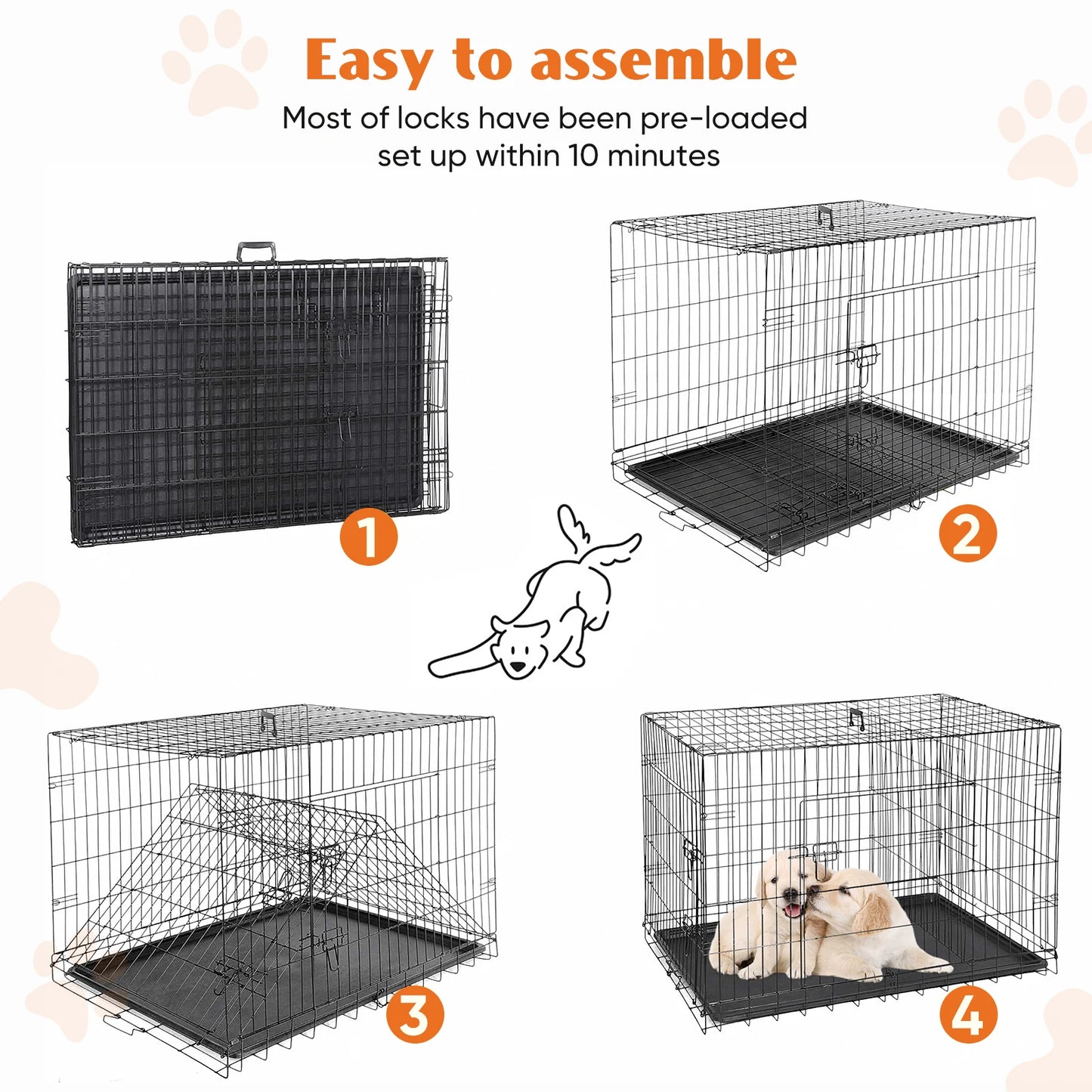 JHK Double Door Folding Metal Wire Dog Cage With Plastic Leak Proof Pan Tray