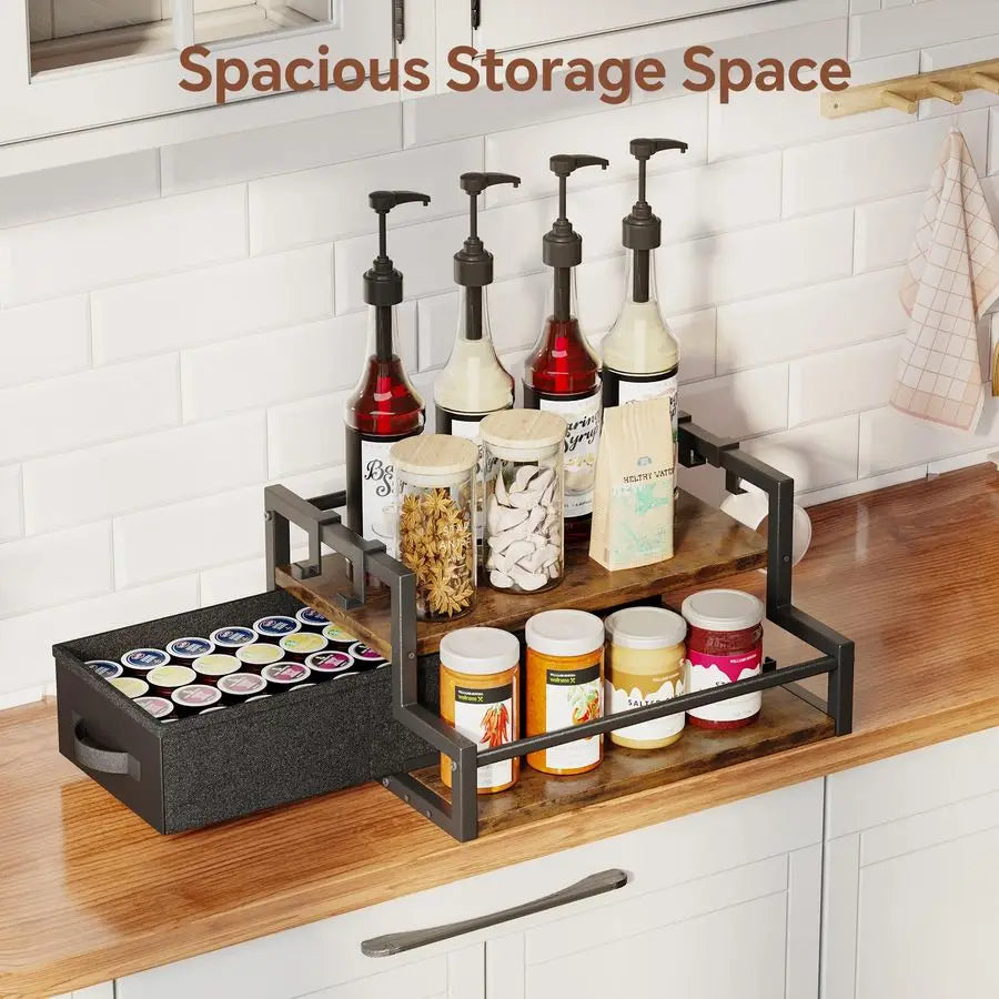 XMSJ Syrup Organizer Rack 2 Tier Coffee Bar Accessories Bottle Holder Drawer