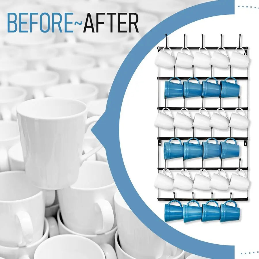 Wall Mounted Mug Rack 6 Tier 27 Hook Coffee Display