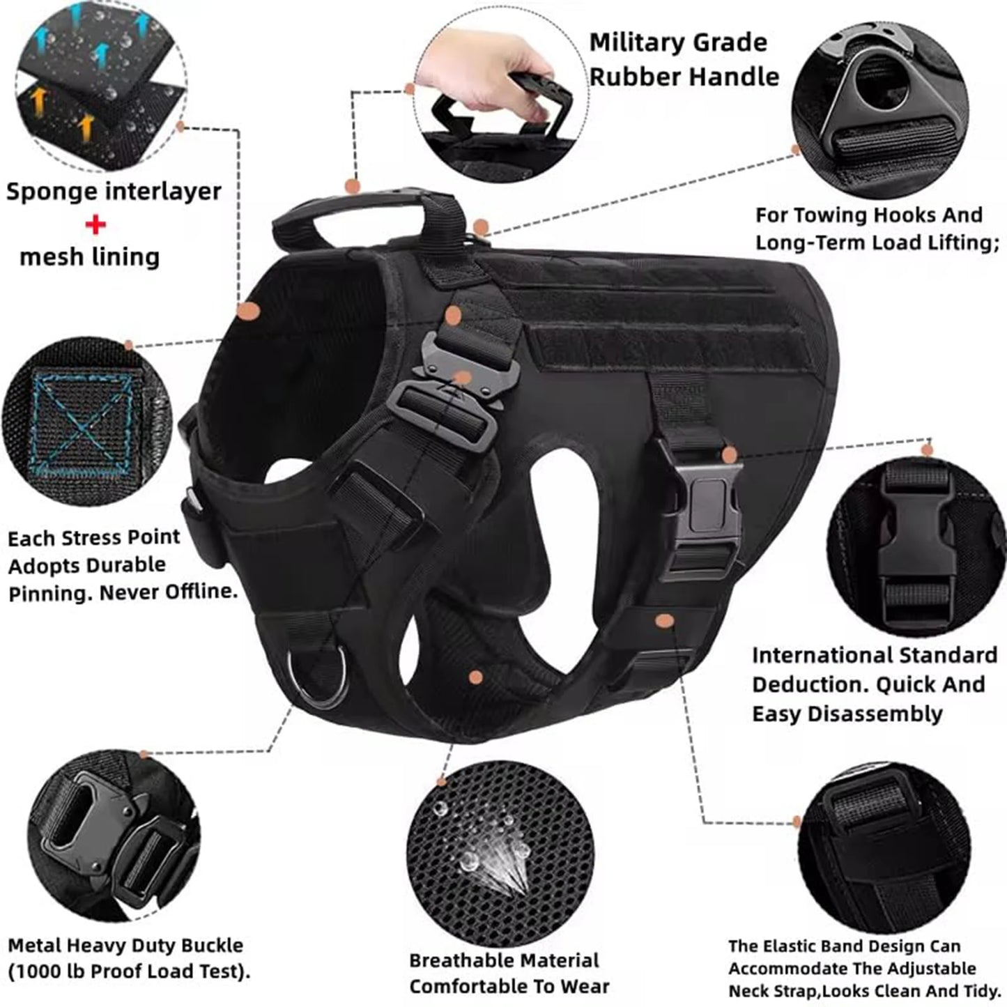 PETRAVEL Tactical Dog Harness Vest With Leash Molle Pouches
