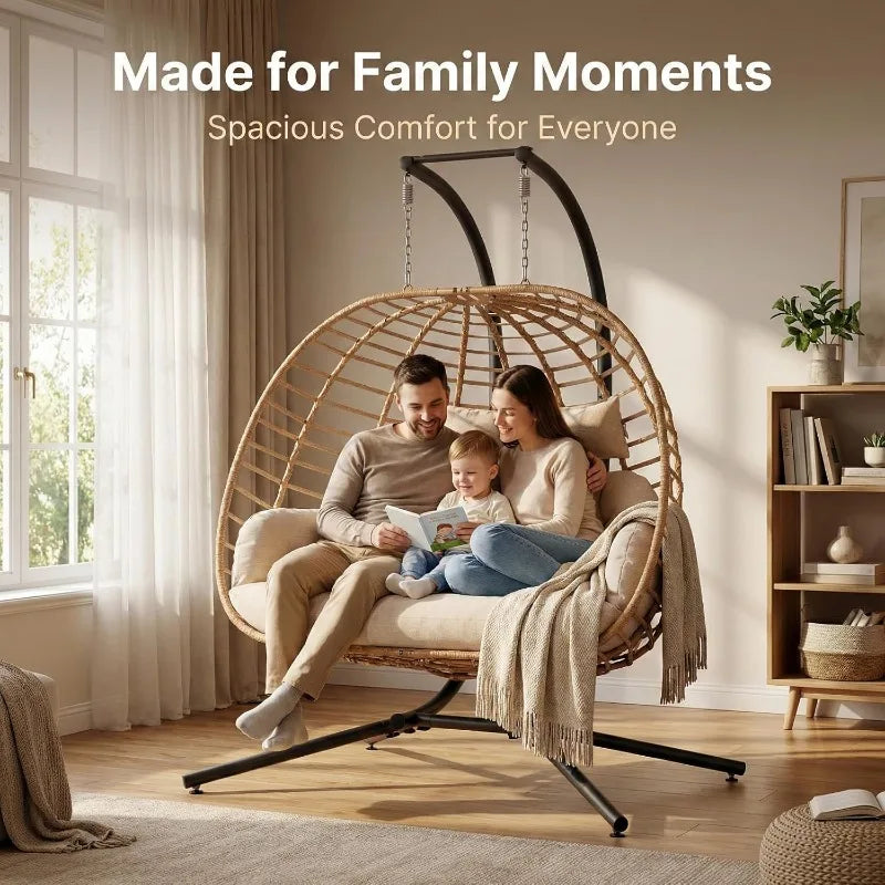 Double Hanging Egg Chair With Stand 2 Person Wicker Swing