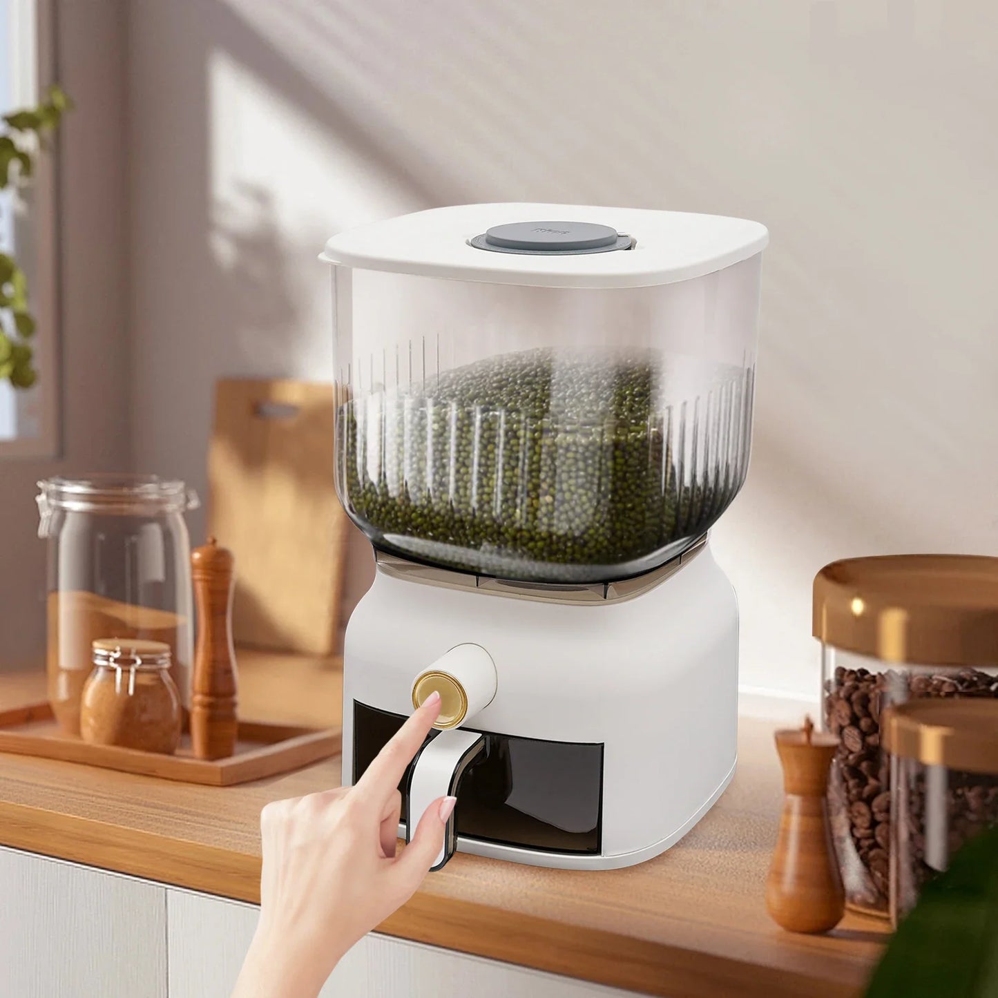 Sealed Grain Storage Container With Rice Cup Dispenser For Kitchen