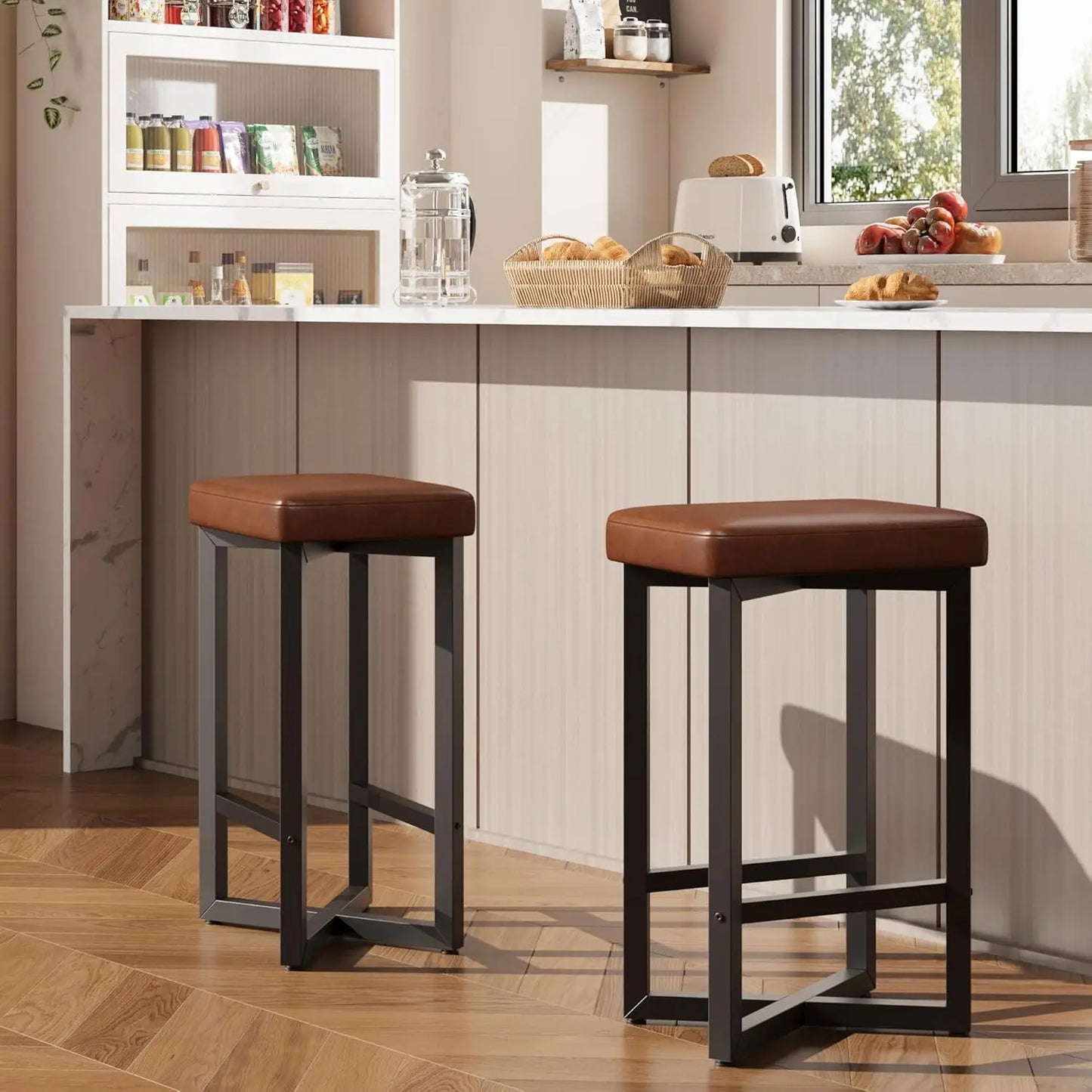 HobbyLane Backless Bar Stools Set With XFrame PU Leather