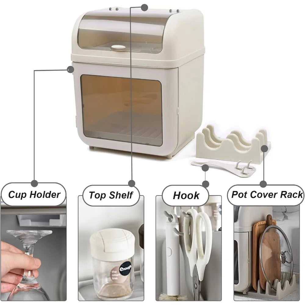 Two Tier Dish Drying Rack With Lid And Removable Drip Tray PP Plastic
