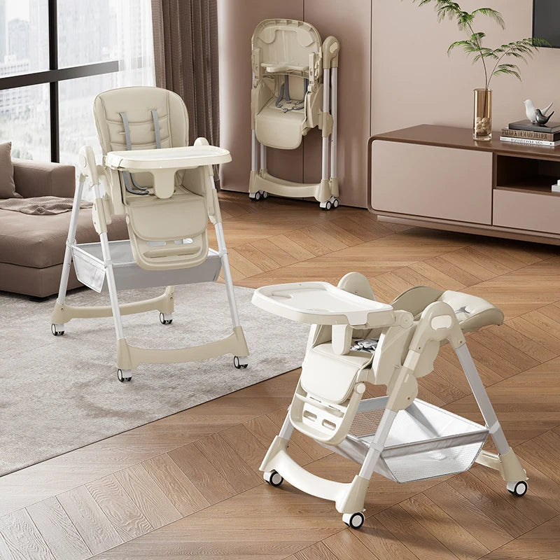 Foldable Baby High Chair PU Leather With 5 Point Harness