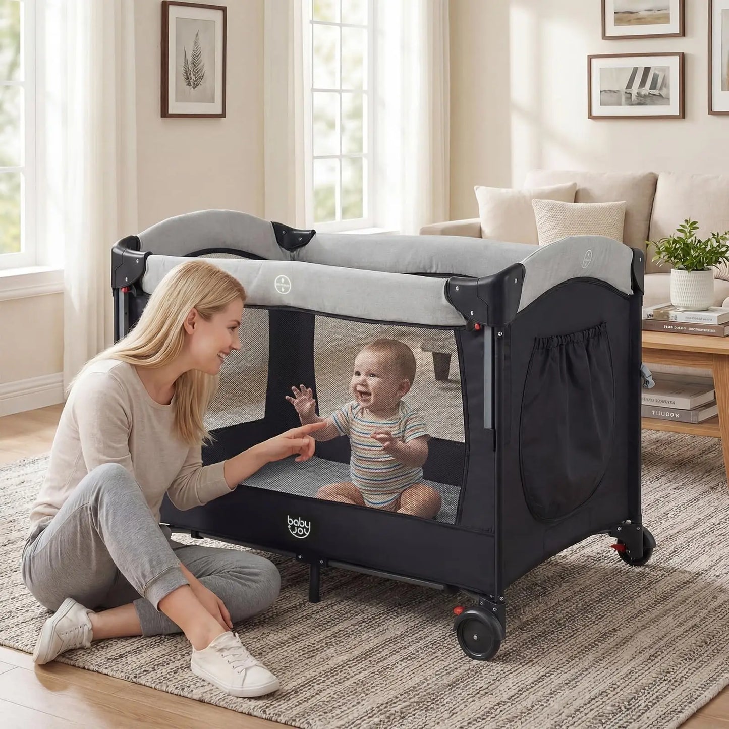 Portable Baby Playard With U Shaped Diaper Changer Multifunction Bassinet