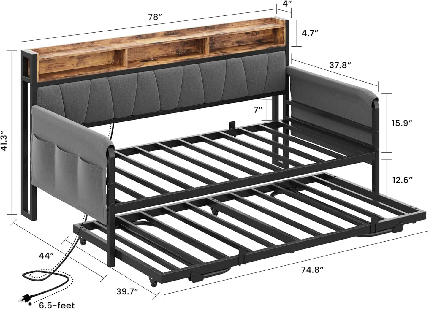 LIKIMIO Daybed With Trundle Upholstered Storage Headboard And Charging Station